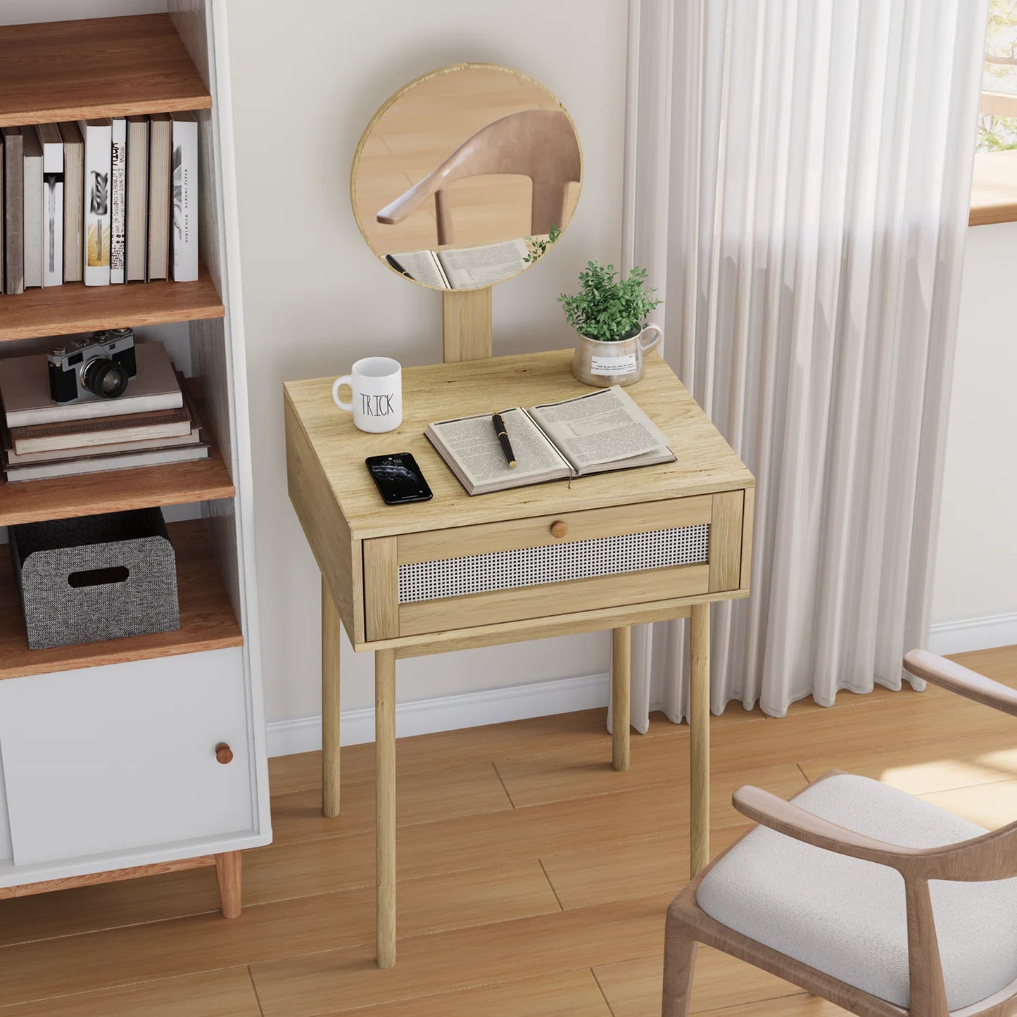 Rattan Schminktisch mit Spiegel & Schublade | RattanHaus™