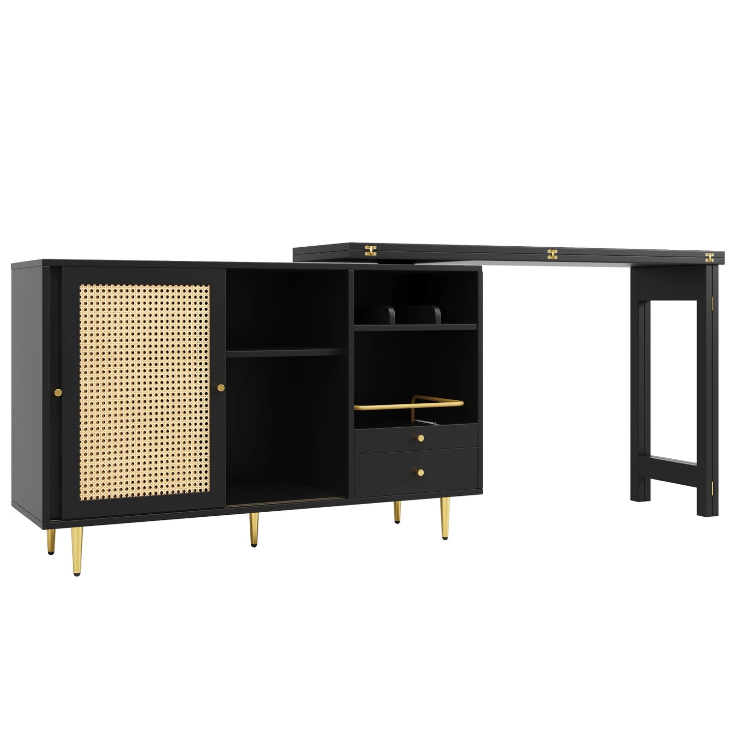 Rattan Stehtisch mit Stauraum – Drehbarer Bar- & Küchentisch mit Rattantür in Schwarz | RattanHaus™