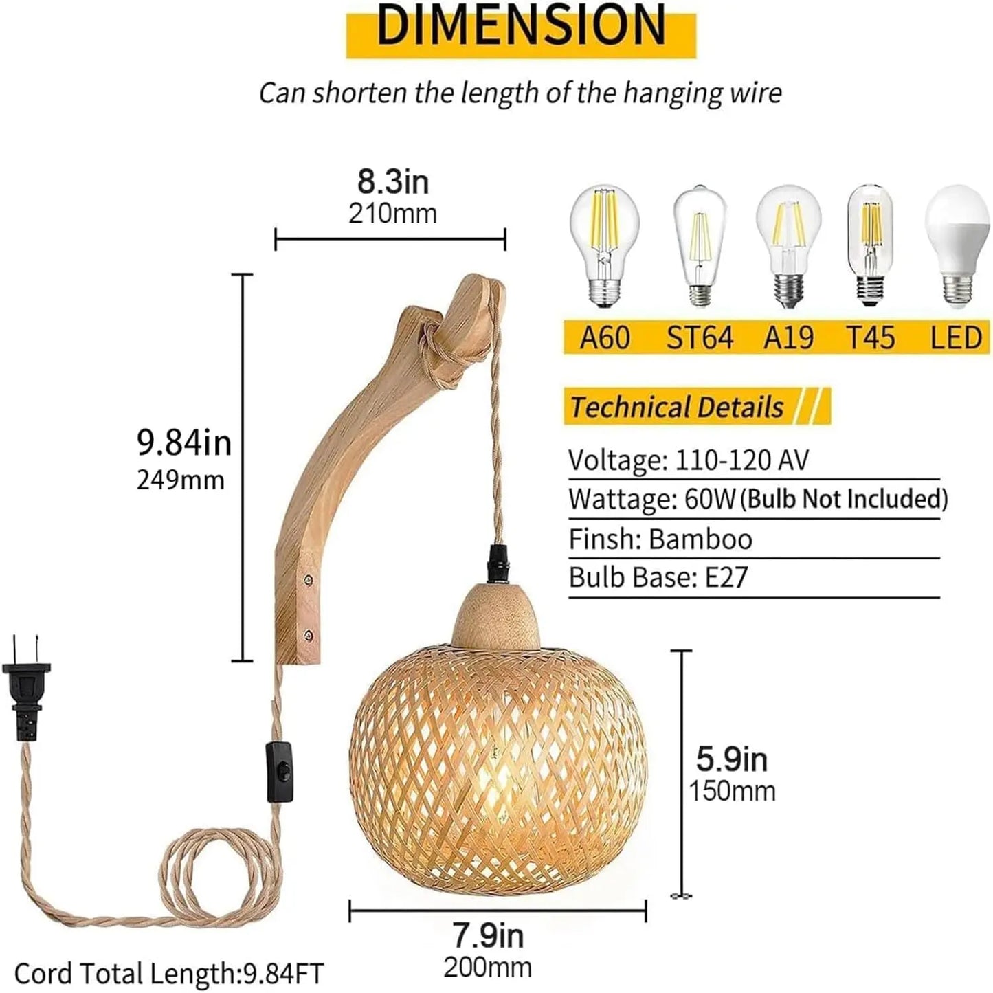 Bambus-Rattan Wandleuchte mit Kabel & Schalter E27 | RattanHaus™