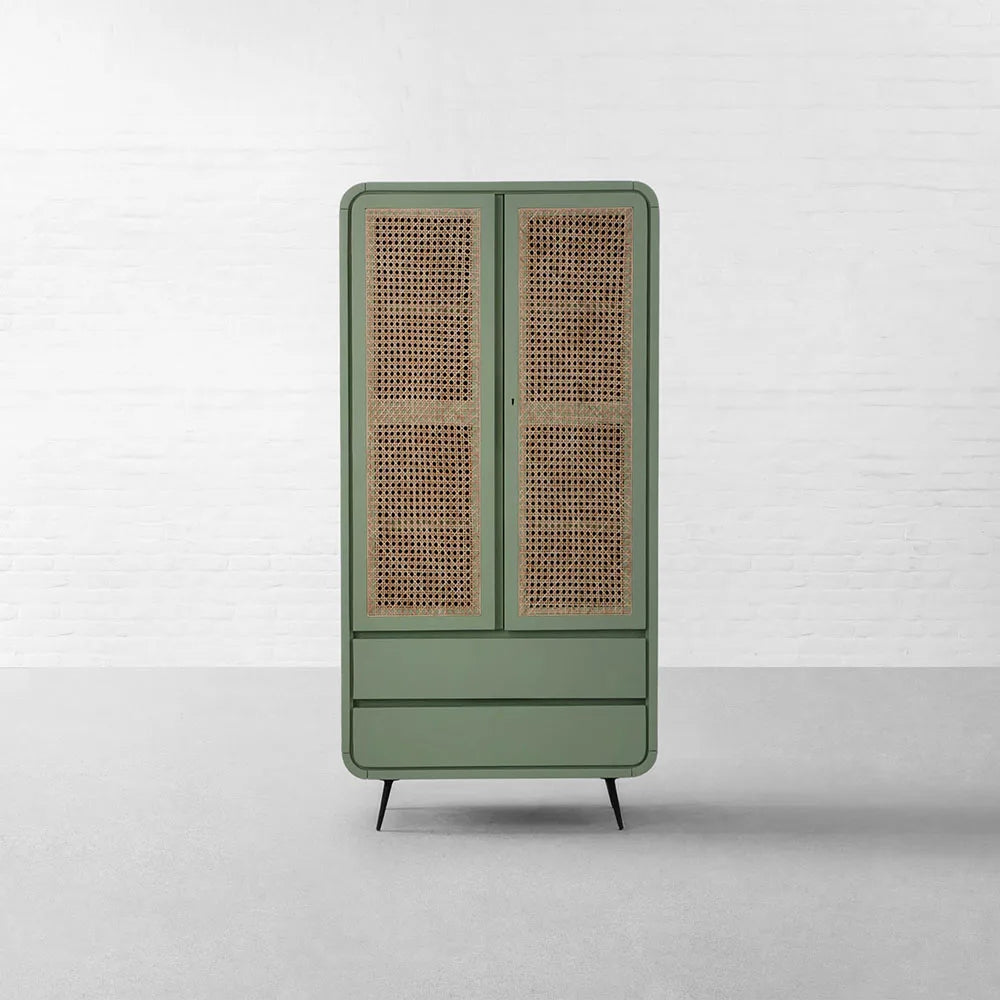 Rattan Kleiderschrank Grün – Retro Massivholz-Schrank mit Geflecht | RattanHaus™