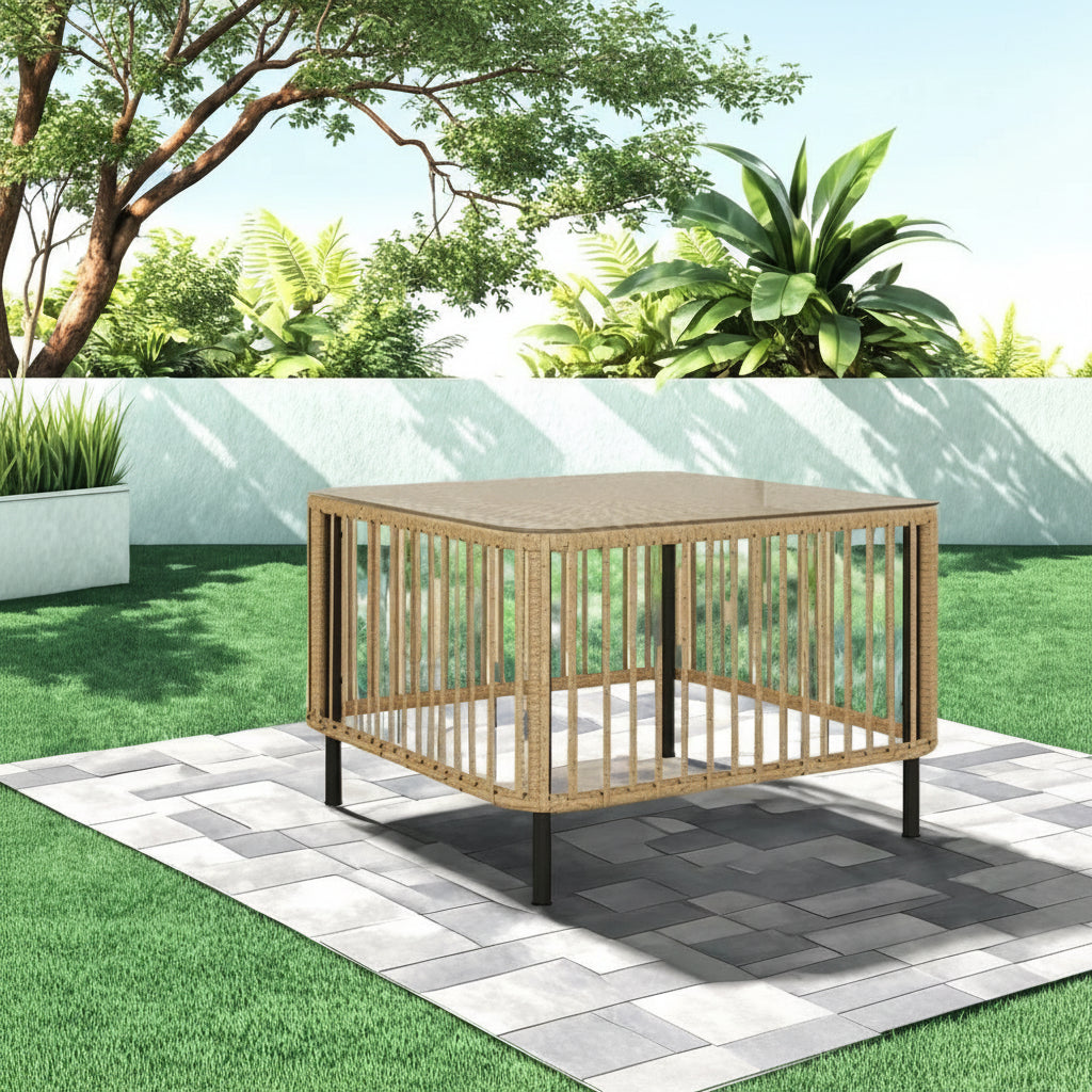 Rattan Gartentisch Quadratisch mit Glasplatte | RattanHaus™