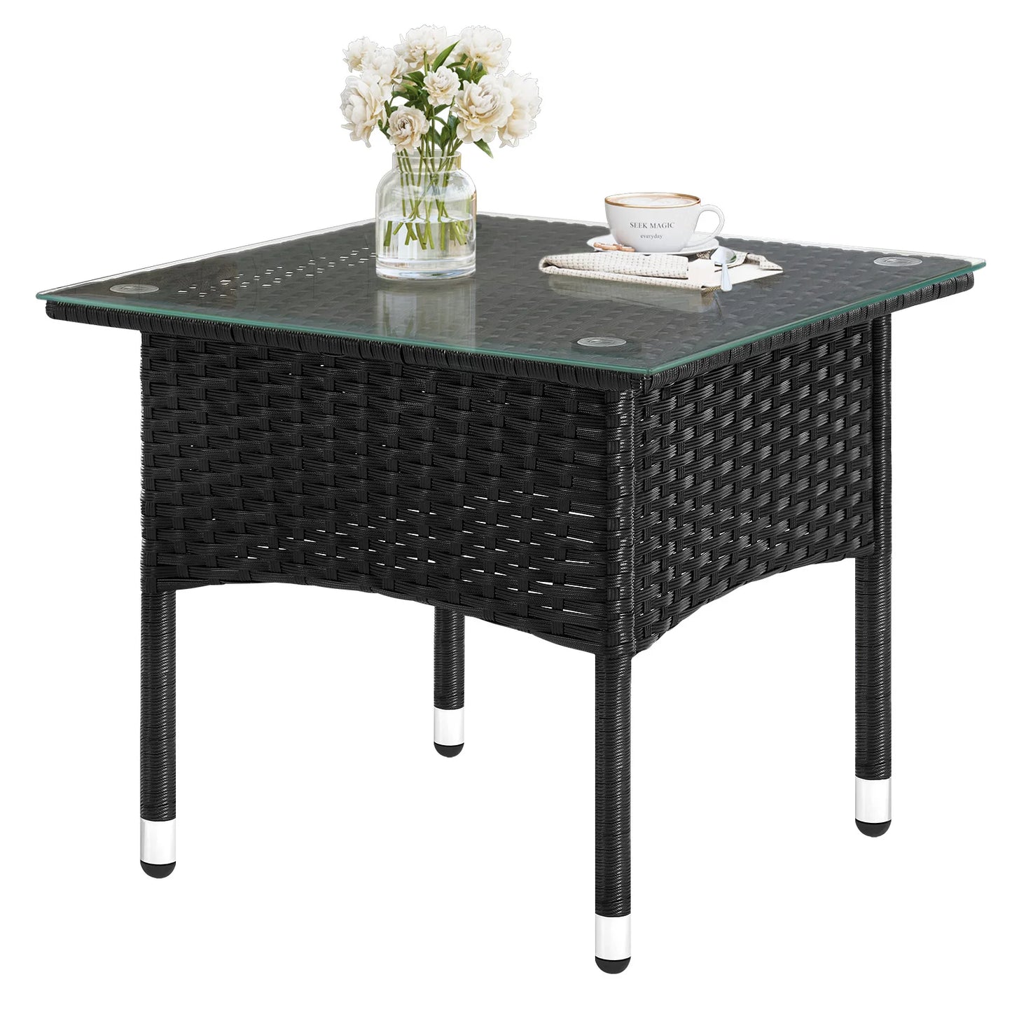 Quadratischer Rattan Beistelltisch mit Glasplatte | RattanHaus™