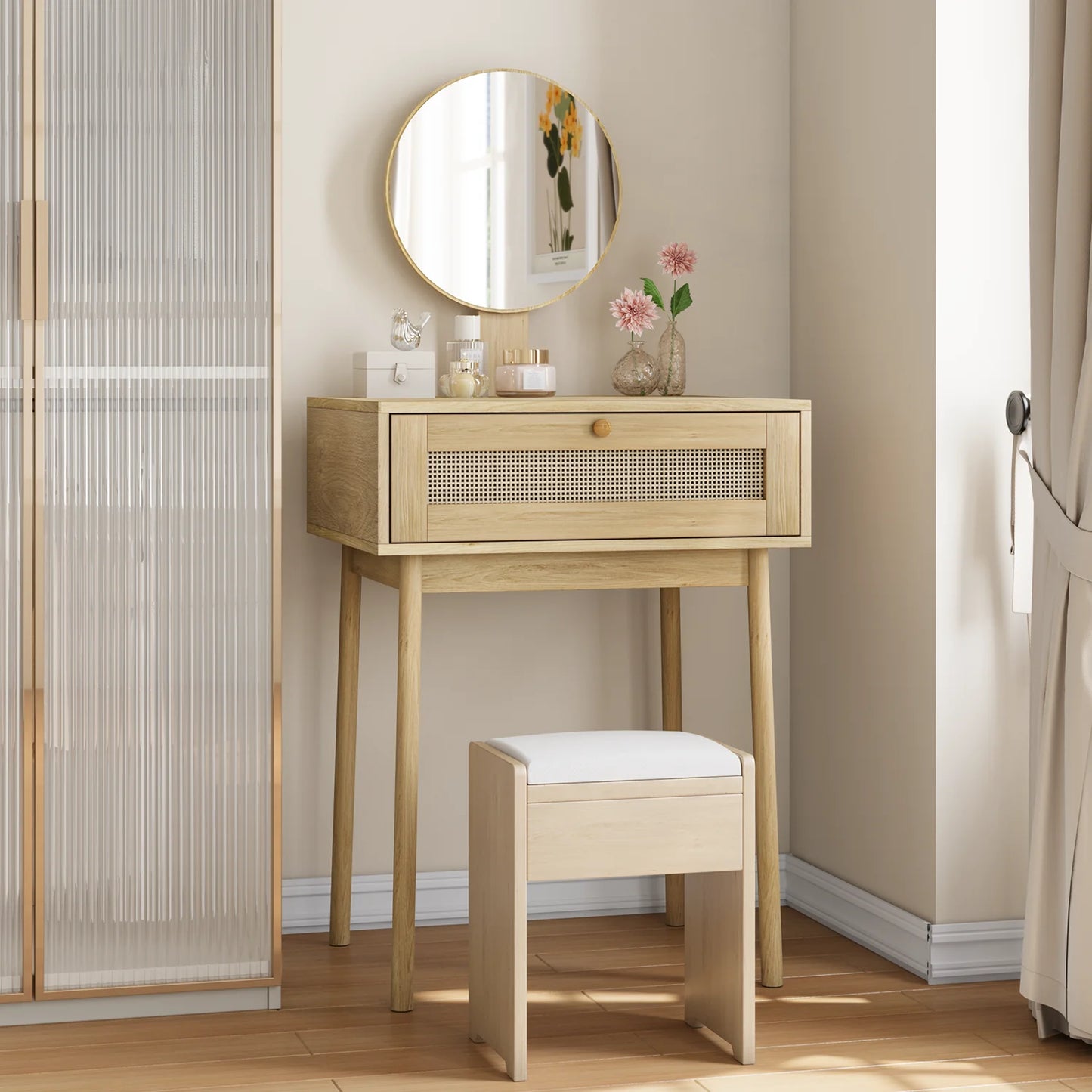 Rattan Schminktisch mit Spiegel & Schublade | RattanHaus™