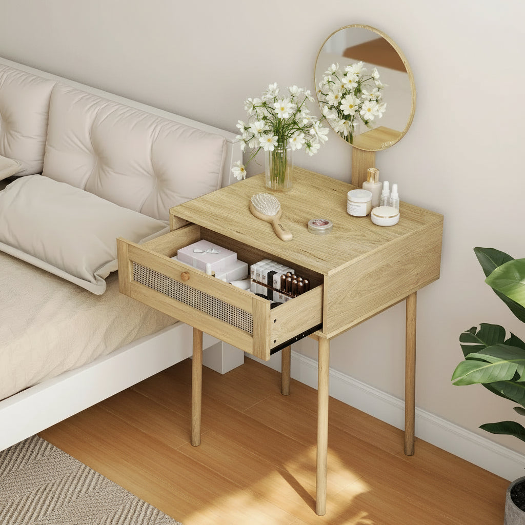 Rattan Schminktisch mit Spiegel & Schublade | RattanHaus™