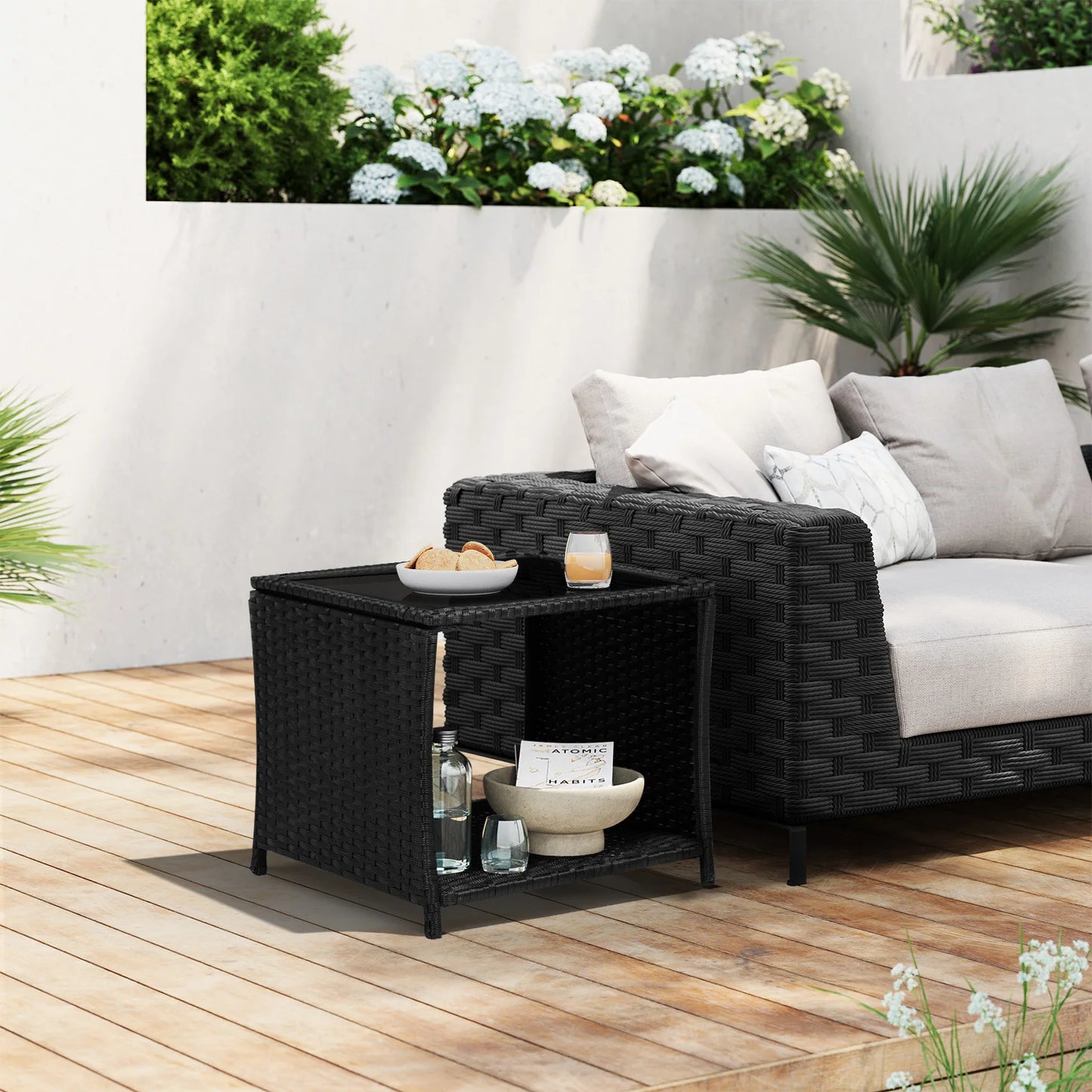 Rattan Beistelltisch mit Glasplatte & Stauraum | RattanHaus™