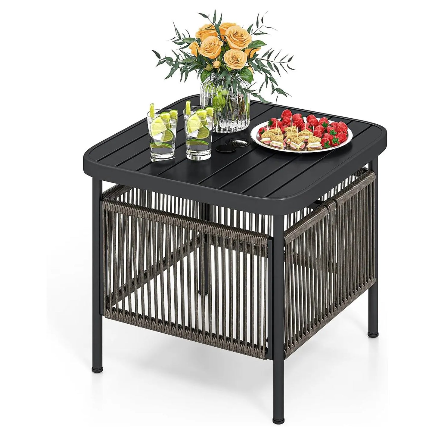 Rattan Beistelltisch Outdoor – Wetterfester Gartentisch mit Schirmloch für Balkon & Terrasse | RattanHaus™