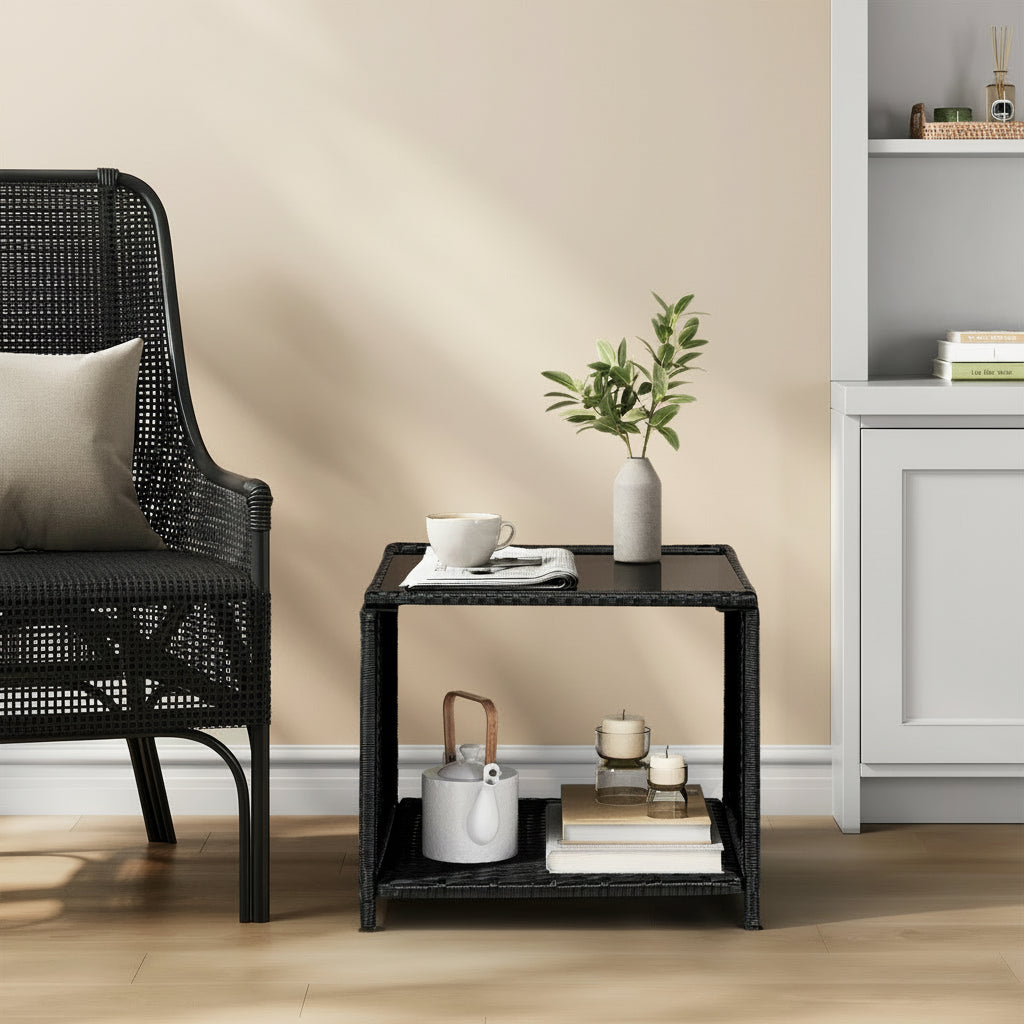 Rattan Beistelltisch mit Glasplatte & Stauraum | RattanHaus™