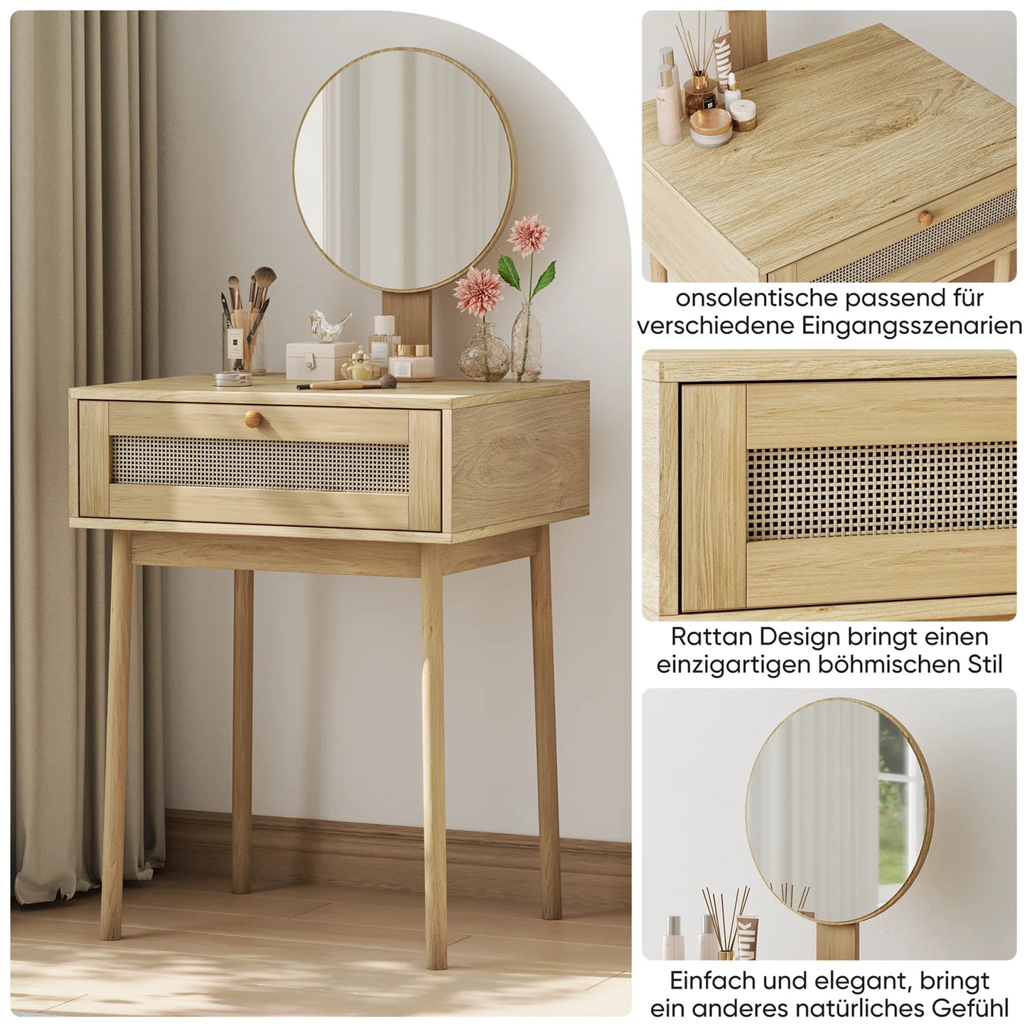 Rattan Schminktisch mit Spiegel & Schublade | RattanHaus™