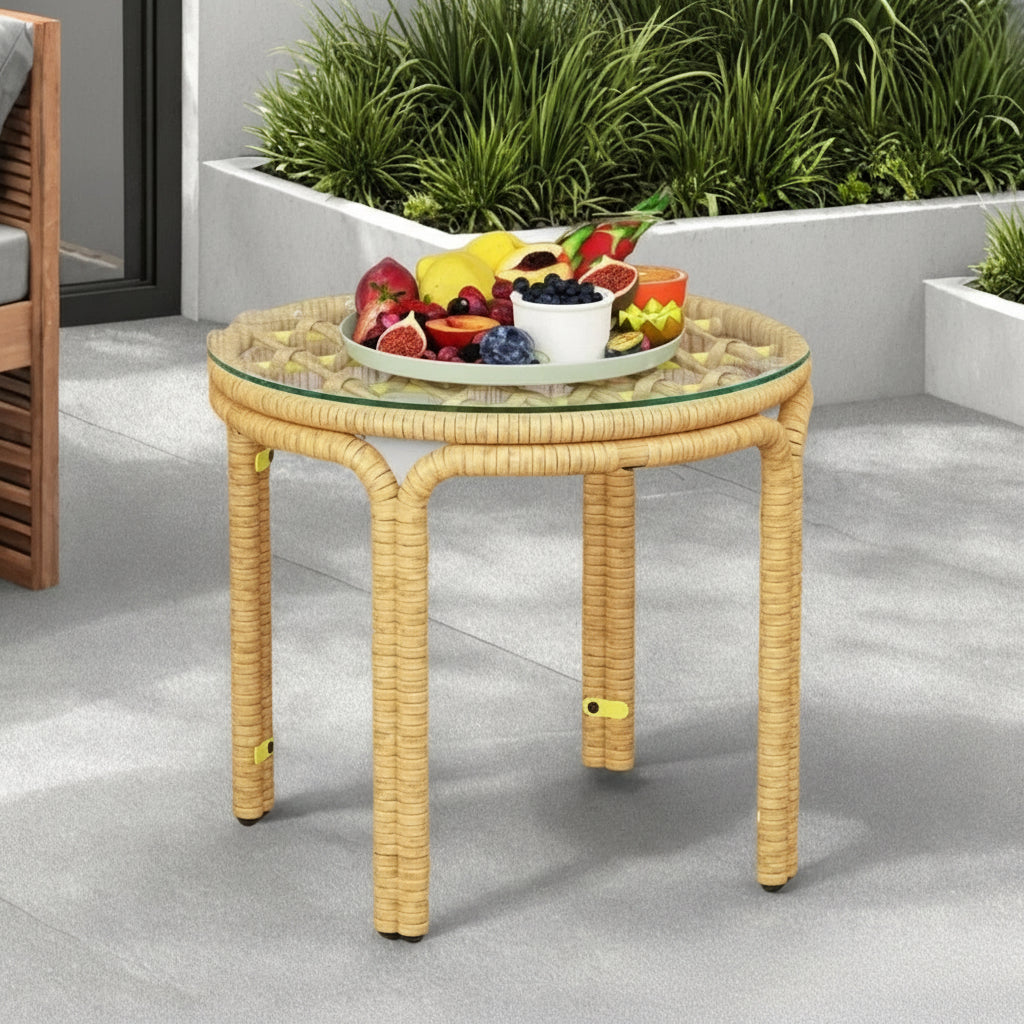 Runder Rattan Couchtisch mit Glasplatte | RattanHaus™