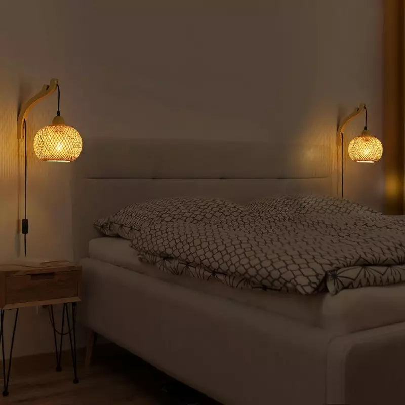 Bambus-Rattan Wandleuchte mit Kabel & Schalter E27 | RattanHaus™